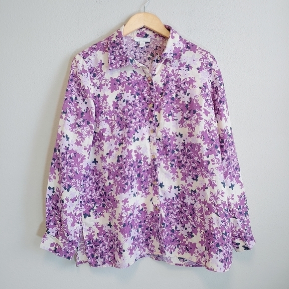 Charter Club Women's Petite Linen Floral Button-Down Blouse Sz MP - Picture 1 of 8